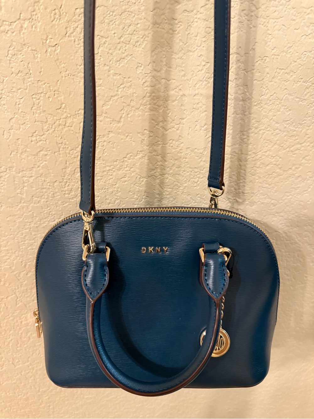 DKNY Navy Leather Dome Crossbody with Gold Hardware